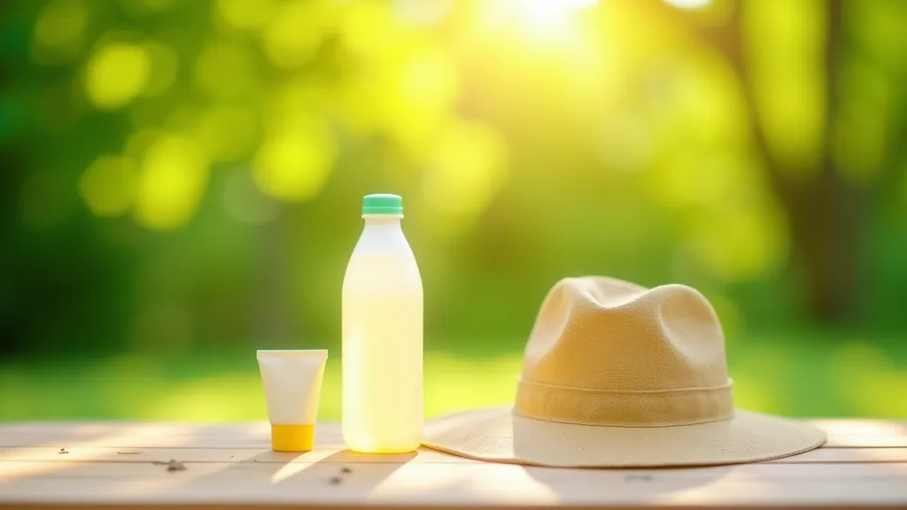 Butelis vandens, kepurė ir saulės kremas, sudėti ant lauko piknikinio stalo, šviesa pro medžių lapus